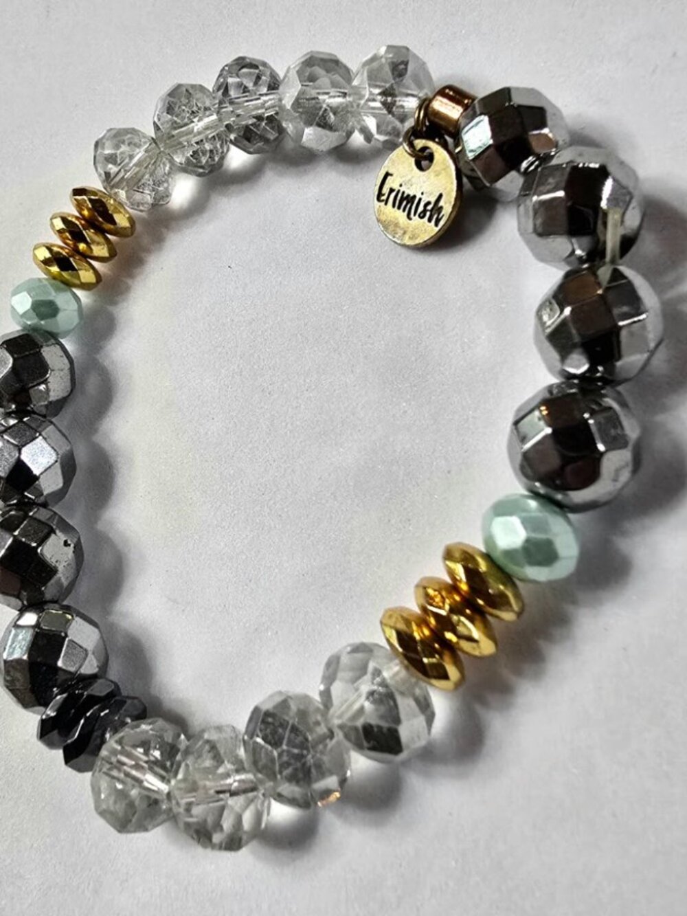 Erimish Metallic Hematite Clear Crystal Beaded Stretch Bracelet Gold Teal Accent